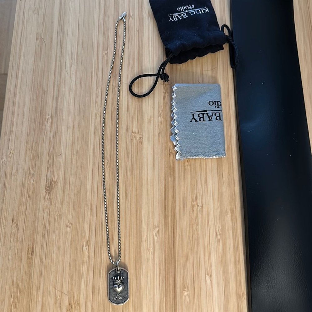 King baby silver dog tag necklace with crown heart